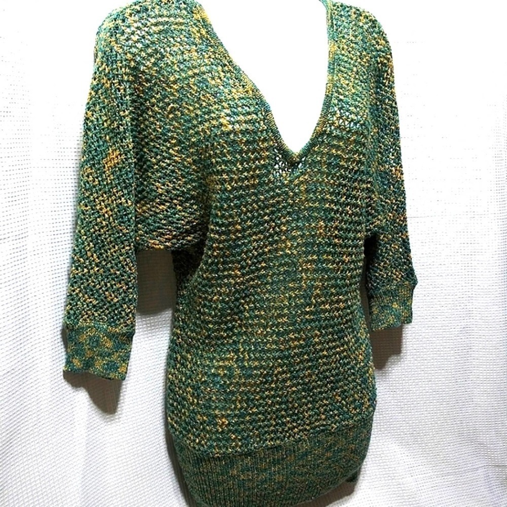 Shining Bright SWEATER Teal Tan Gold Silver Metallic Threads S/M Handmade